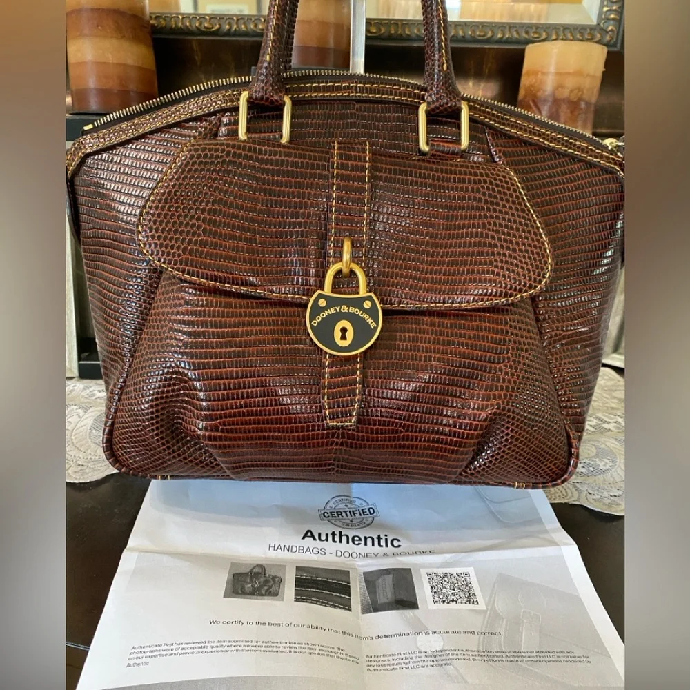 Dooney & Bourke Dark Brown Lizard-Embossed Satchel with Gold Hardware